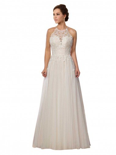 Shop Illusion Halter Lace Boho Wedding Dress with Plunging Sweetheart Bodice London