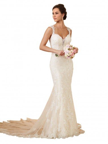 Shop Modern Chapel Train Sweetheart Mermaid Lace Wedding Dress with Keyhole Back London