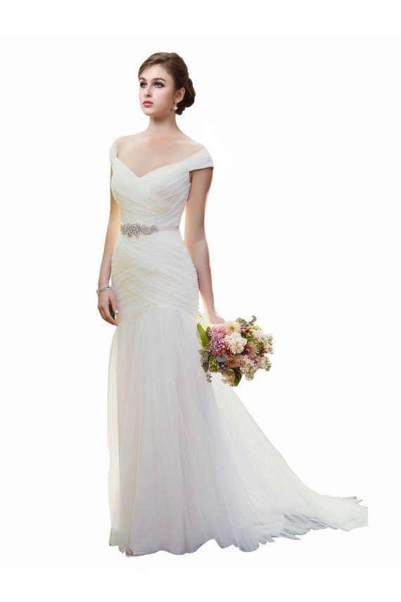 Cap Sleeves Off the Shoulder Ruched Mermaid Tulle Beach Wedding Dress