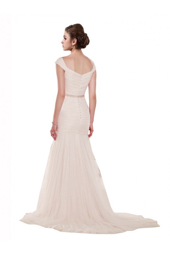 Cap Sleeves Off the Shoulder Ruched Mermaid Tulle Beach Wedding Dress