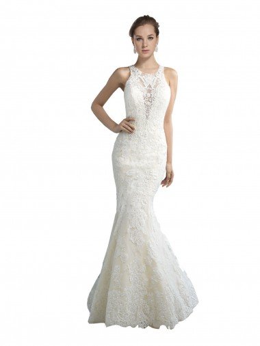 Shop Deep Illusion Neck Mermaid Tulle Beach Wedding Dress with All Over Lace London