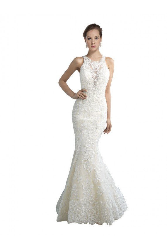 Deep Illusion Neck Mermaid Tulle Beach Wedding Dress with All Over Lace