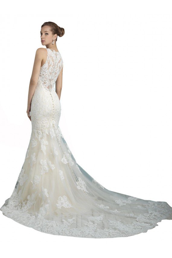 Deep Illusion Neck Mermaid Tulle Beach Wedding Dress with All Over Lace