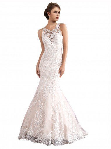 Shop Illusion Neck Fit and Flare Tulle Wedding Dress with All Over Lace London