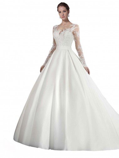 Shop Long Sleeves Illusion Neck A-Line Satin Wedding Dress with Lace Bodice London