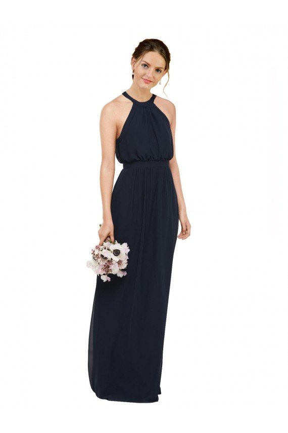High Halter Neckline Chiffon Bridesmaid Dress with Slim Keyhole Back