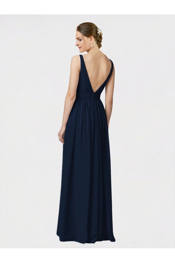 Long Chiffon Bridesmaid Dress with Shirred Bodice and V-Neckline