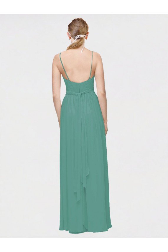 Rouched V-Neckline and Spaghetti Straps Long Chiffon Bridesmaid Dress