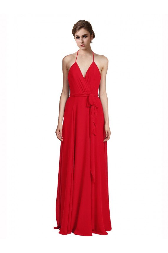 V-Neck Spaghetti Halter Strap Chiffon Bridesmaid Dress