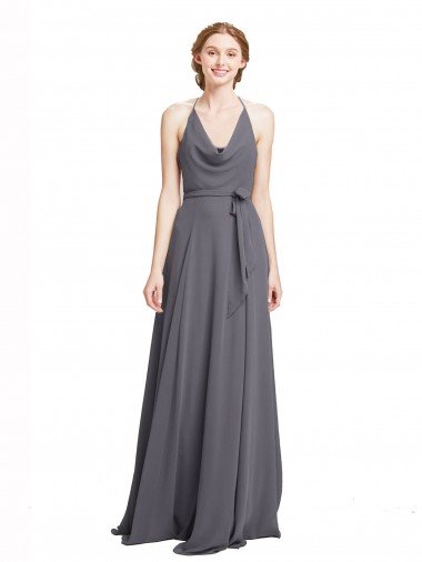 Shop Spaghetti Strap Long Chiffon Bridesmaids Dress with Halter Cowl Neck London