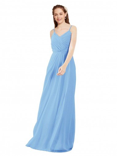 Shop Pleated Low Back Long V-Neck Chiffon Bridesmaid Dress with Thin Straps London