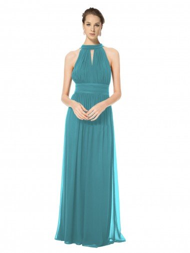 Shop Ruched Long Chiffon Halter Bridesmaid Dress with Tie Back and Tails London