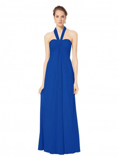 Shop Sleeveless Long Chiffon Empire Gown with Pleated Halter Straps London