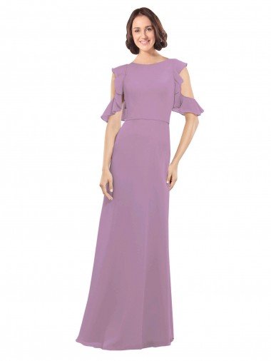 Shop Long Chiffon Bridesmaids Dress with Flounced Sleeve Detail and Criss Cross Back London