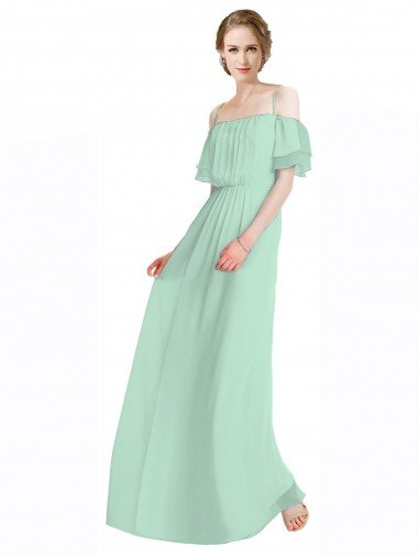 Shop Spaghetti Straps Long Chiffon Off-The-Shoulder Bridesmaid Dress with Double Flounce Sleeves London