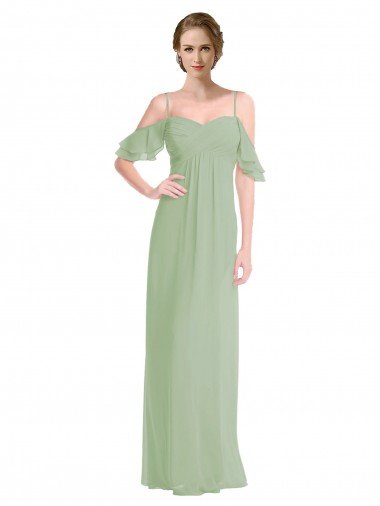 Shop Long Chiffon Off-The-Shoulder Bridesmaid Dress with Double Flounce Sleeves London