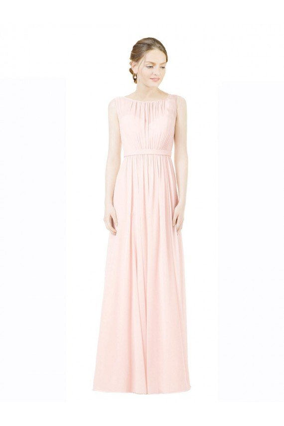 Long Chiffon Sleeveless Bridesmaid Dress with Sheer Illusion Top and V-Back