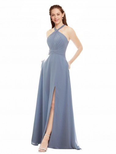 Shop High Neck Chiffon Bridesmaid Dress with Draped Bodice London