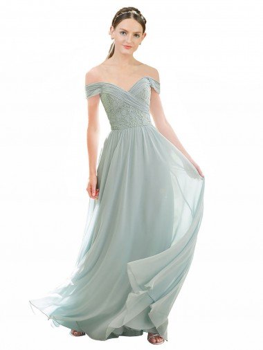 Shop Romantic Bridesmaid Dress with Embroidered Off the Shoulder Bodice London