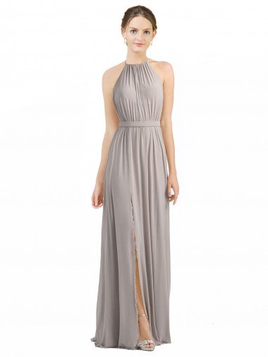Shop Backless Halter Chiffon Bridesmaid Dress with Front Slit and Tie Open Back London