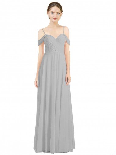 Shop Off the Shoulder Long Chiffon Bridesmaid Dress with Ruched Bodice London