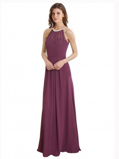 Shop High Neckline Long Chiffon Bridesmaid Dress with Beaded Trim London
