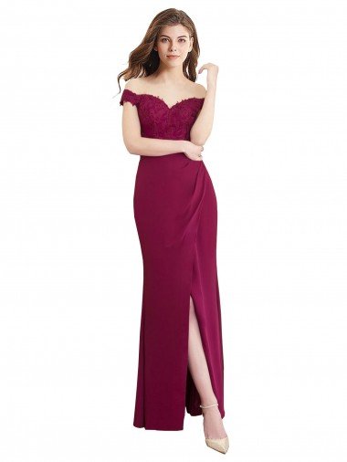 Shop Off the Shoulder Chiffon Bridesmaid Dress with Lace Appliques and Front Slit London