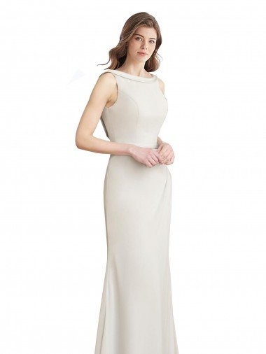 Shop Long Chiffon Bridesmaid Dress with Boat Neckline and Satin Collar London