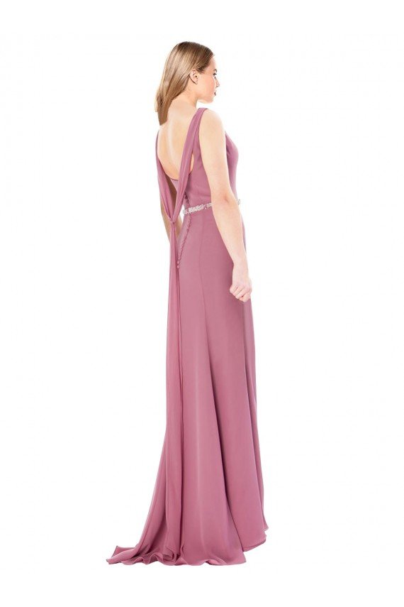 Long Slim Chiffon Bridesmaid Dress / Prom Dress with Beaded Waist