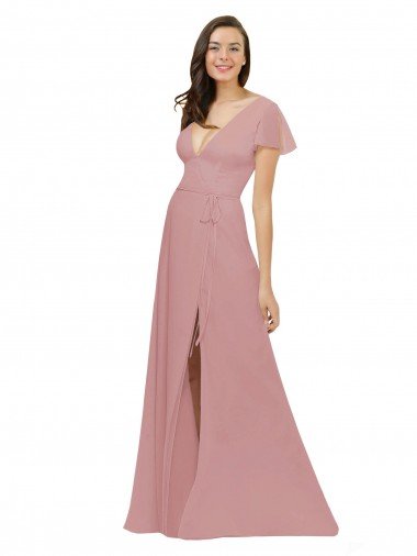 Shop Flutter Sleeves Short Chiffon Bridesmaid Dress with Tie Belt London