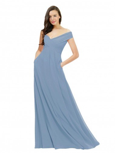 Shop Chiffon Bridesmaid Dress with Classic Off the Shoulder Neckline London