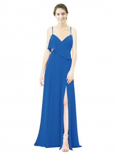 Shop Spaghetti Strap Chiffon Bridesmaids Dress with Asymmetrical Ruffle and Front Slit London