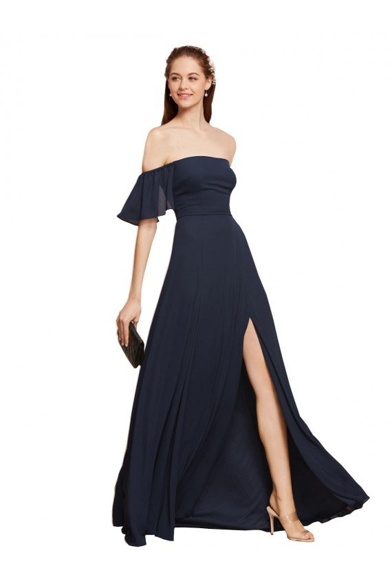 Off the Shoulder Floaty Sleeves Chiffon Bridesmaid Dress / Prom Dress with High Slit