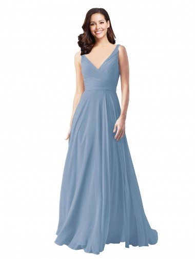 Shop Long Chiffon V-Neck and Self Sash Bridesmaid Dress with Shirred Criss Cross Bodice London