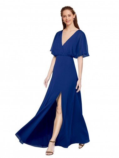 Shop V-Neck Long Chiffon Bridesmaid Dress with Dolman Sleeved Bodice and Slit London