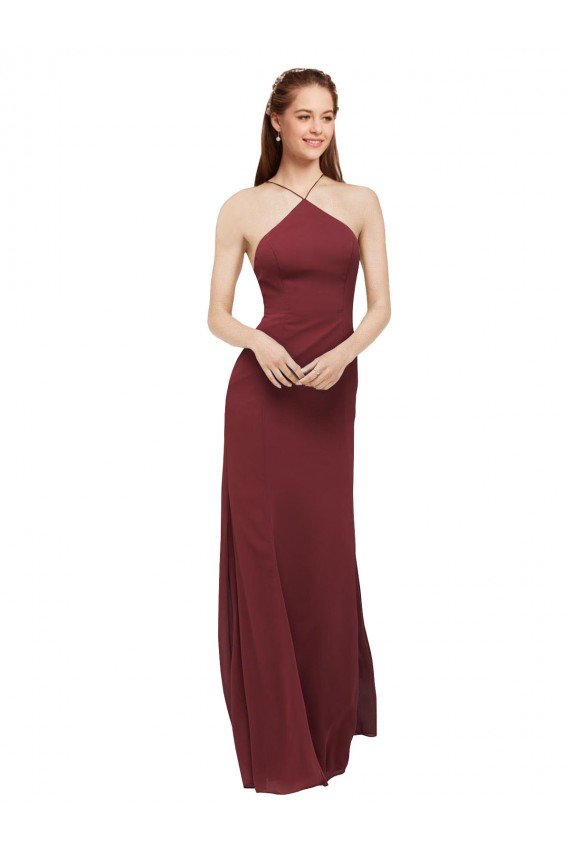 High Halter Neck Long Chiffon Bridesmaid Dress with Low Scoop Back