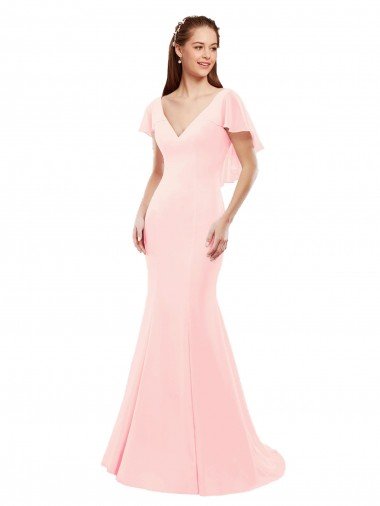 Shop Fit and Flare Chiffon Bridesmaid Dress with V-Neck and Flutter Sleeves London