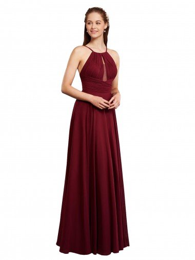 Shop Long A-Line Halter Neck Chiffon Bridesmaid Dress with Draped Bodice London
