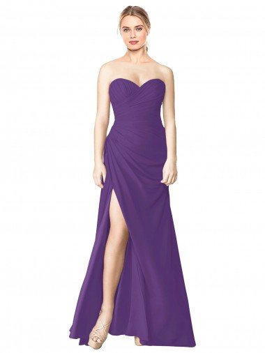 Shop Strapless Chiffon Bridesmaid Dress with Pleated Wrap Bodice and Side Slit London