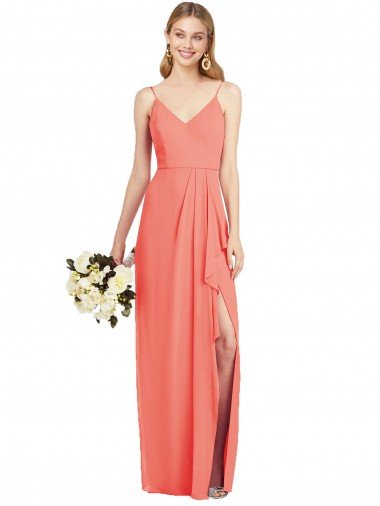 Shop Spaghetti Strap Draped Skirt Chiffon Bridesmaid Dress with Front Slit London