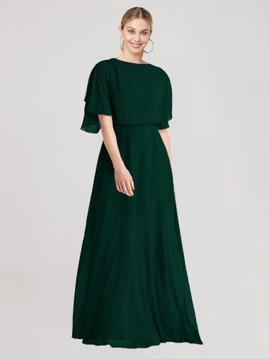 Shop Full-Length Flutter Sleeves Plunging V Back Chiffon Bridesmaid Dress London