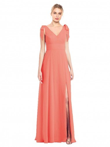 Shop Full Length Bow-Shoulder V-Back Chiffon Bridesmaid Dress with Front Slit London