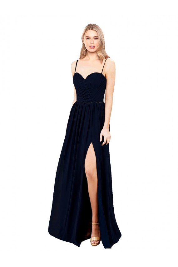 Draped A-Line Chiffon Formal Bridesmaid Dress with Spaghetti Straps and High Slit