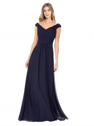 Shop Off the Shoulder Classic Chiffon Bridesmaid Dress with Draped Bodice London