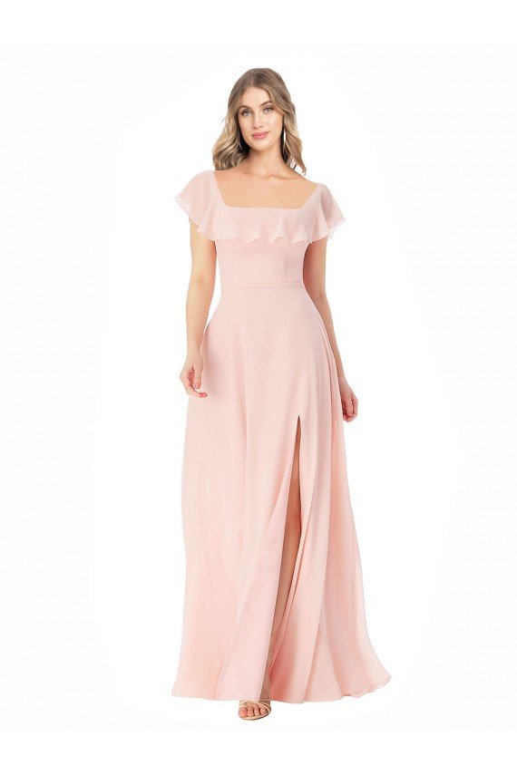 Flutter Cap Sleeves Square Neck Ruffle Chiffon Bridesmaid Dress