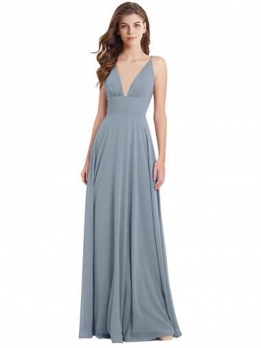 Shop Fitted V-Neckline Long Chiffon Bridesmaid Dress with V-Back London