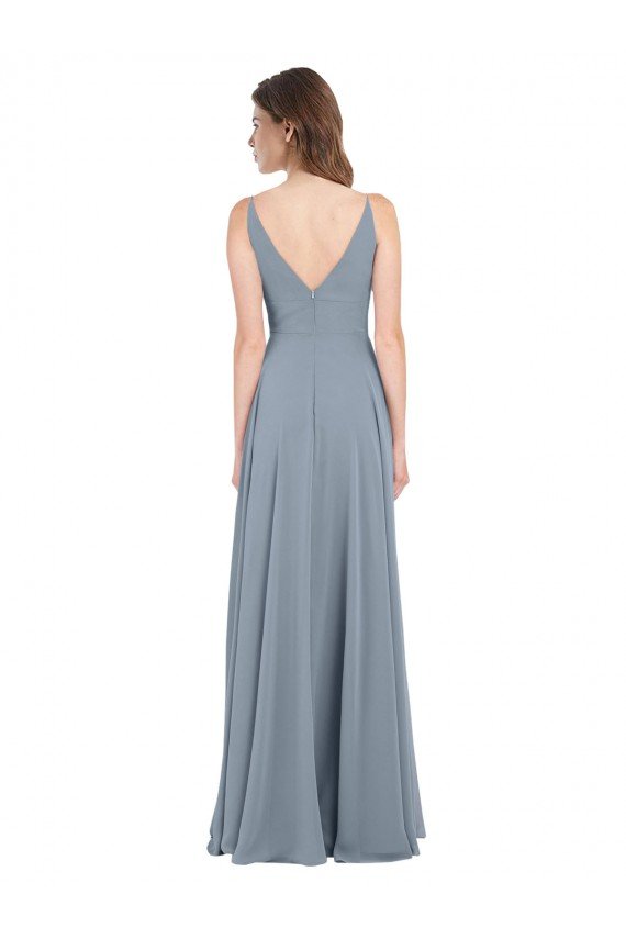 Fitted V-Neckline Long Chiffon Bridesmaid Dress with V-Back