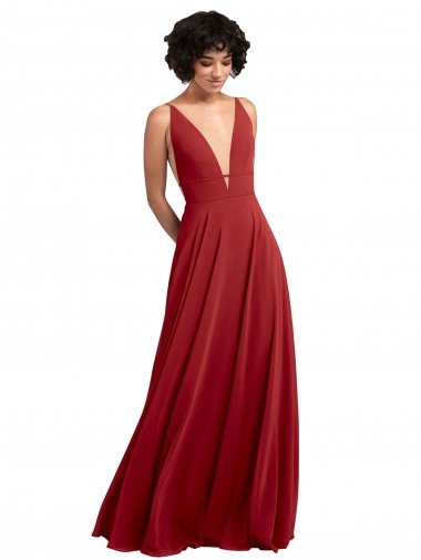 Shop Fitted Plunging Deep V-Neck Long Chiffon Bridesmaid Dress with V-Back London