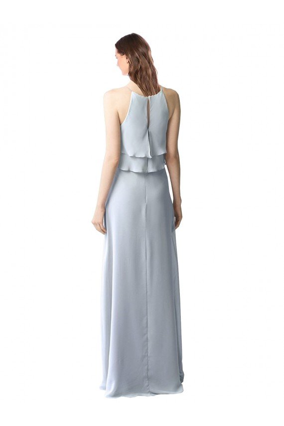 High Narrow Neck Long Chiffon Bridesmaid Dress with Tiered Ruffles