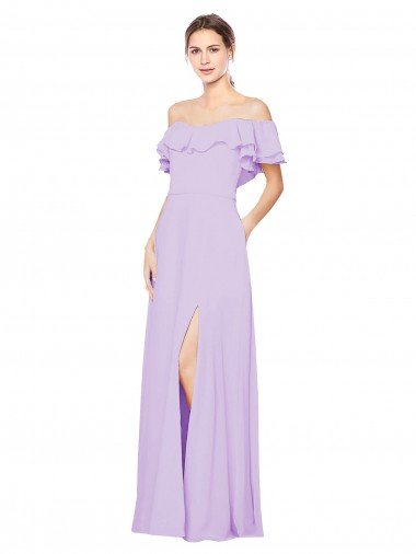 Shop Ruffled Off the Shoulder Long Chiffon Bridesmaid Dress with Slit London